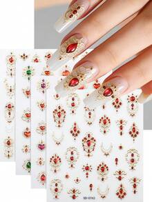 1件5D复洛克权杖美甲贴纸，奢华仿宝石金箔贴花，精致心形水钻贴纸，女士女孩DIY美甲用品 - 彩色 - 查看 3