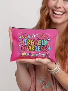 時尚女款彩色「Travel Charger」字母圖案化妝包，化妝品收納袋，數據線收納袋，大容量零錢包，春夏旅行配件，度假拉鍊收納袋。適用於度假、辦公室、購物、酒店、返校禮物、生日禮物、旅行配件、母親節禮物、婚禮配件 - 彩色 - 查看 5