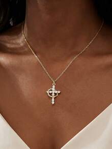 1 pièce Collier vintage en argent sterling 925 avec couronne et croix pour femmes, cadeau d'anniversaire élégant, bijou de luxe minimaliste - Doré - Voir 2