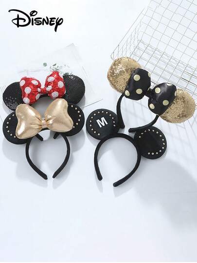Disney 1个迪士尼米奇耳朵发箍，配有闪亮的米妮耳朵蝴蝶结，适合城堡装扮、节日派对服装、圣诞礼物