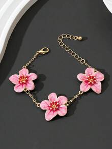 1件夏季度假风优雅粉色珐琅花朵造型女士手链，结婚礼物 - 粉色 - 查看 3