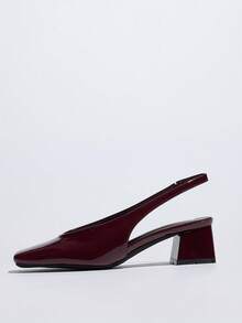 2026 New French Chunky Heel Closed Toe Sandals, Elegant High-End Wine Red Mid-Low Heel Metal Square Toe High Heels, Comfortable Elegant Women High Heels - Burgundy - View 4