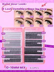 LUCK LTGIRL 1064片（632+144+144+144）D型卷翘睫毛嫁接套装DIY，仿貂毛假睫毛 - 轻盈优雅的3D浓密型睫毛，10-16毫米 10D-100D 单根睫毛套装，含睫毛粘合剂和密封剂、睫毛镊子、睫毛刷，可自行卸除（10-16毫米，套装） - 黑色 - 查看 5