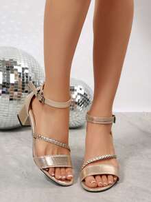 2026新款粗跟黑色凉鞋，优雅中跟时尚女式高跟鞋，夏季 - 金色 - 查看 10