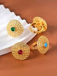 1pc Vintage Sultan's Collection Jewelry Inlaid Turquoise/Red/Emerald Stone Engraving Process Women Rings,Luxurious Elegant Jewelry For Women,Versatile Daily Wear,Exquisite Gift Idea,Perfect For Party,Banquet,Wedding Decor,Elegant Accessory With Delicate Design - Multicolor - Gold - View 8