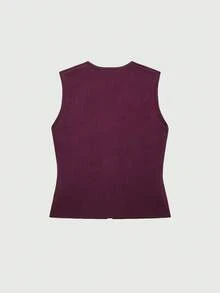 YROOE 女士休闲时尚金色纽扣无袖V领针织背心 - 中紫紅色 - 查看 11