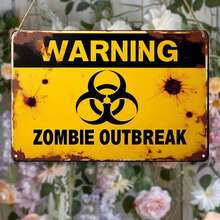1pc Vintage Iron Sign - "Warning: Zombie Outbreak", With Biohazard Symbol, Suitable For Rustic Wall Decor In Home, Porch Or Farmhouse, Ideal Holiday Gift (12" X 8"), Humorous Gift | Retro Design | Distressed Finish, No Hanging Rope Included - Multicolor - View 5