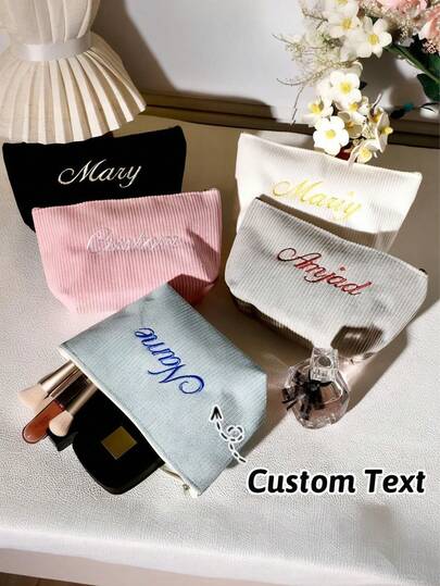 Customizable Corduroy Makeup Bag, Personalized Travel Cosmetic Pouch, Durable Zipper Closure, Large Capacity Fashion Durable Portable Cosmetic Organizer Bag, Toiletry Storage Bag, Foldable Sanitary Napkin Bag, Skincare Bag, Coin Purse