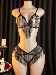 Sexy Tassel Sling Three-Point Lingerie Set - Black - View 6