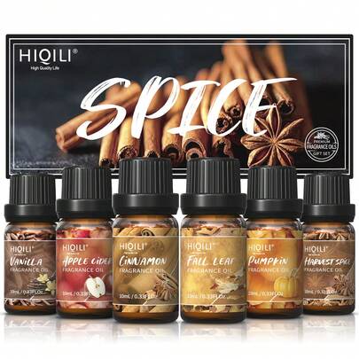  HIQILI SPICE Fragrance Oil Set, 6PCS *10mL Gifts Set For Diffuser Humidifier DIY Perfume Soap And Candles Making, For Mother's & Father's Day Thanksgiving Christmas Halloween Gifts-Cinnamon Vanilla Pumpkin Fall Leaf Apple Cider