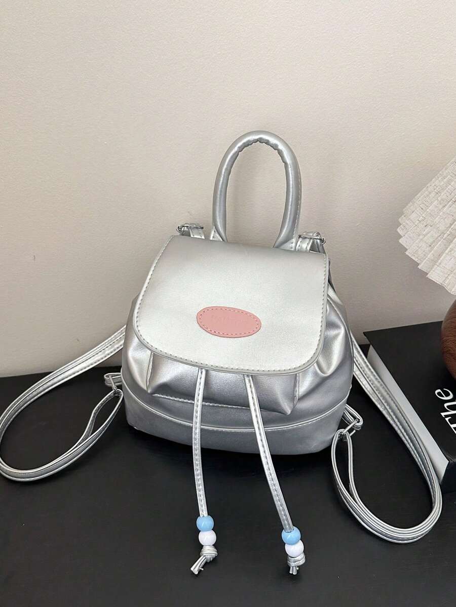 1 件女孩复古双色 PU 皮革背包,风格简约百搭,适合日常使用 - 銀色 - 查看 1