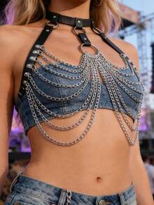 1件装女士PU皮革身体束缚带腰带吊带紧身安全带朋克胸腰带角色扮演派对服装 - 黑色LB-456 - 查看 7