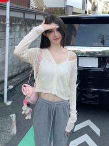 女士透视针织开衫，饰有3D蝴蝶图案 - 时尚优雅休闲甜美白色纽扣长袖上衣，适合春夏假期穿着 - 白色 - 查看 6