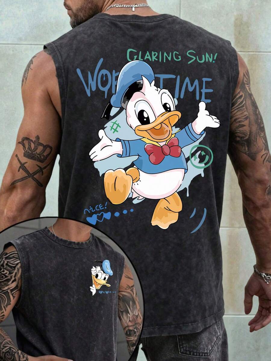 Disney Donald Duck Energetic WORK TIME 230GSM Vintage Washed Streetwear Reversible Casual Tank Top - màu đen - Xem 1