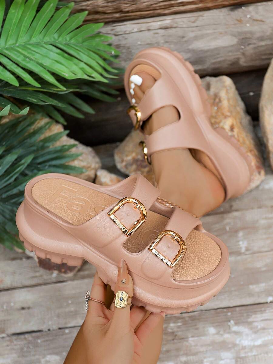 FZY Sandalias De Mujer Elegante,Platform Heels,Water Shoes,Comfort Summer Casual Slippers,Decorative Double Buckle,Halloween Bulk.Summer Beach Water Shoes - 卡其色 - 查看 1