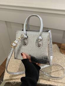 Túi xách nữ nhỏ hình vuông họa tiết đá, kiểu dáng thời trang mới, túi đeo vai hai quai xách họa tiết da cá sấu, dây đeo có thể điều chỉnh, đa năng cho du lịch và mua sắm. - Bạc - Xem 7