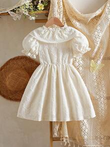 Young Girls' Elegant Summer Dress, Solid Color Jacquard Fabric, Bow Decor Puff Sleeves, Turndown Collar Button Half Placket, Lined, Casual Fashionable Sweet Girls' Dress, Suitable For Daily And Party Occasions - White - View 2