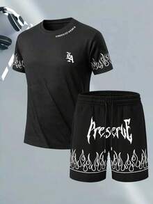 男士夏季薄款T恤套装，休闲时尚T恤短裤套装 - 黑色 - 查看 1
