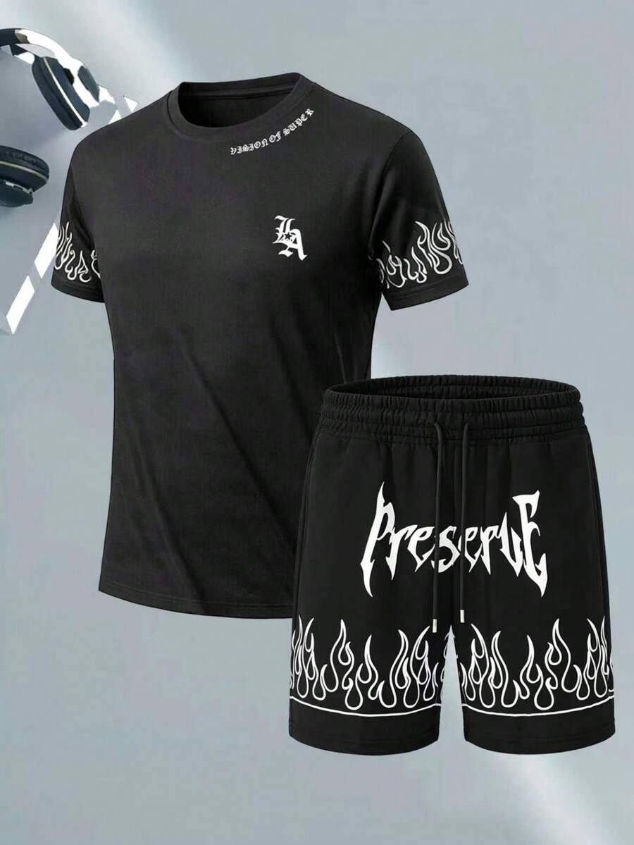 男士夏季薄款T恤套装，休闲时尚T恤短裤套装 - 黑色 - 查看 1