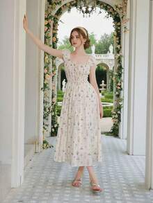 French Retro Botanical Graffiti Square Collar Tie Waist Dress, Women's Spring/Summer 2025 New Beach Vacation Style Elegant - Apricot - View 5