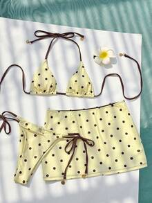 三件套女士比基尼泳装，休闲波点图案沙滩泳装，棕色和黄色时尚套装，适合外出、健身、日常穿着，Y2K风格，优雅，街头风，度假，音乐节，泳池派对等夏季场合。 - 黃色 - 查看 2