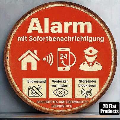 1pc 8*8in/20x20cm 2D Flat Round Metal Sign Plaque, Vintage Decor Plaque For "Alarm And Instant Notification" And "Protected And Monitored Property", Suitable For Decorating House, Office, Shop, Garage, Gate, Yard, German, Pre-Drilled Holes, Style As Shown In Size Image