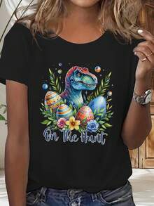 Camiseta De Manga Corta Para Mujer Con Estampado De Huevos De Pascua Y Pollitos - Blusa Casual De Cuello Redondo Para Primavera-Verano, Lavable A Máquina - Conjuntos De Primavera-Verano 670229 - [Negro] - Ver 9