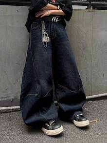 1pc Men's Distressed Vintage Wash Loose Fit Patchwork Design Straight Leg Jeans (Belt And Accessories Not Included) - Dark Wash - View 7