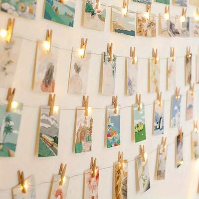 5M+20Clips/Set Wooden Clips Copper Wire String Lights, Photo Clips Decorative String Lights, Hanging Pictures, Bedroom Wall Decoration, Wedding Birthday Party Decoration, Holiday Additions, Birthday Party Supplies, Birthday Gifts, Fairy Lights