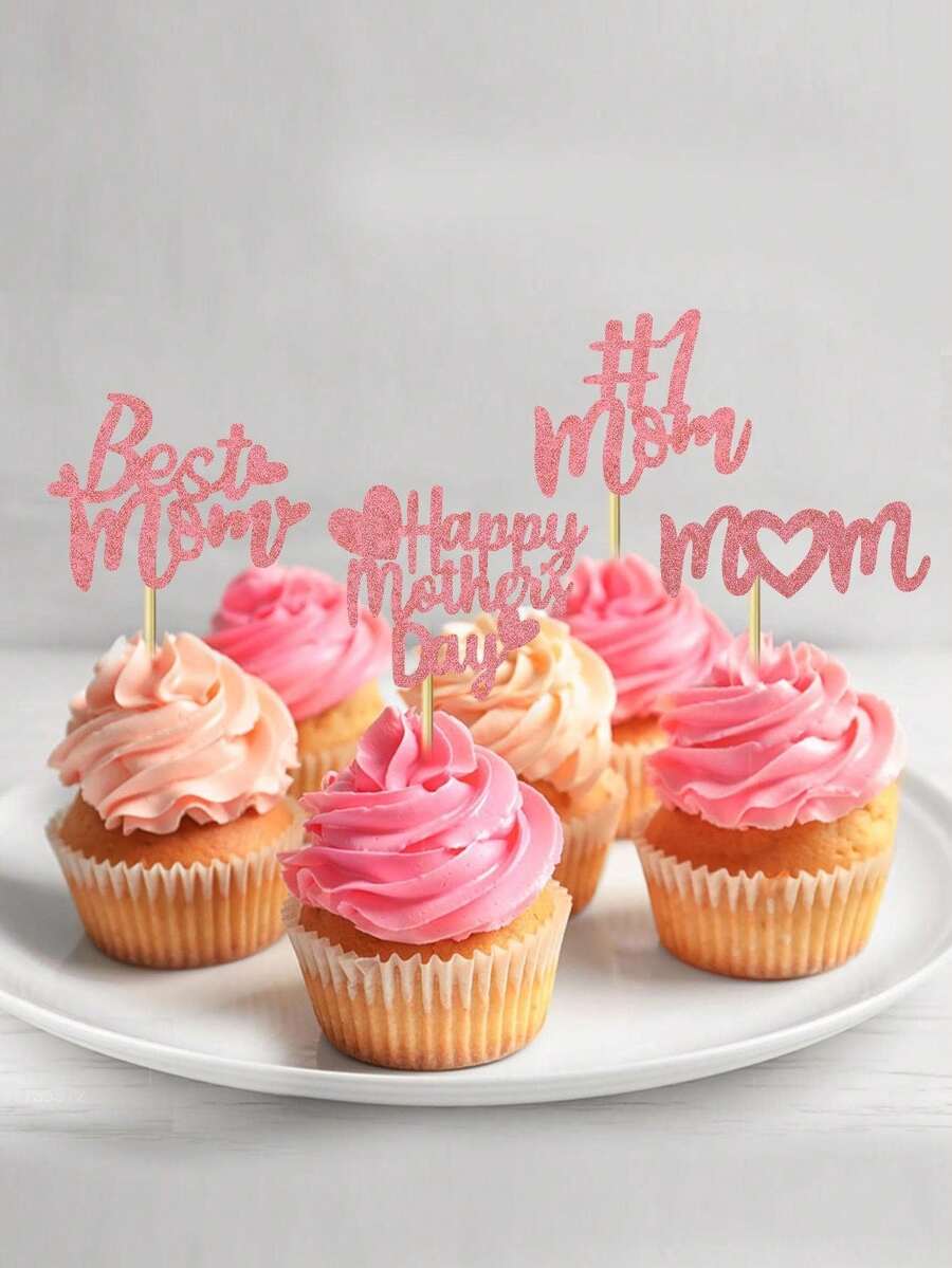 Bộ 12/24 phụ kiện trang trí bánh kem chủ đề Ngày của Mẹ, 4 kiểu dáng, mỗi kiểu 3 chiếc, dùng trang trí bánh sinh nhật chủ đề "Người mẹ tuyệt vời nhất" nhân Ngày của Mẹ. - hồng - Xem 1