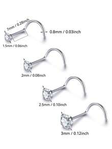 4pcs 1.5/2/2.5/3mm Shiny Cubic Zirconia Nose Piercing Jewelry, I/L/S Shape Nose Bone & Ear Piercing Accessories - Nose Stud Set - View 2