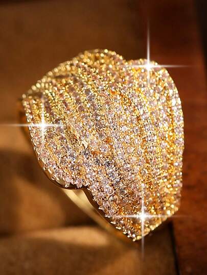 1枚精致优雅的镀金线条单戒指，百搭全镶嵌立方氧化锆多层戒指，适合订婚、结婚、母亲节、周年纪念日礼物，铜质首饰