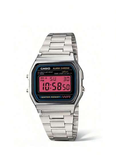 Casio 卡西欧男士石英表（DIY版，表盘上带有彩色卡片），电池续航时间长，适合各种场合的日常佩戴。它配备液晶显示屏，可以显示日期和星期，还具有闹钟功能。