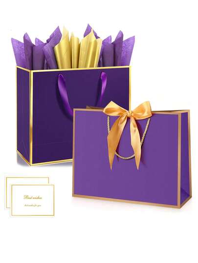 10pcs Large Ribbon Gift Bags, Portable Paper Gift Bags With Greeting Cards, Suitable For Birthday Gifts, Wedding Parties, Anniversaries, Graduations, Back To School, Shopping, Mother's Day And Other Gift Packaging.