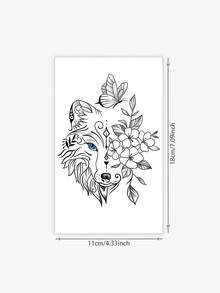 1pc Fashionable Niche Design Healing Wolf Head Tattoo Sticker, Floral & Butterfly Combination Design, Waterproof Sweat-Proof Non-Reflective Personalized Tattoo - Multicolor - View 2