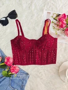 Black Rhinestone Thin Straps Bustier Top - 1 Piece Mesh Panel Cropped Waist Cinching Bust Enhancing Sexy Fashionable Date Party - Burgundy - View 3