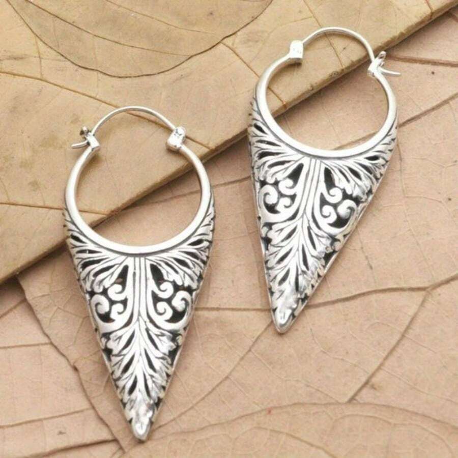 Vintage Hollow Leaf & Geometric Drop Earrings For Women, Bohemian Design, Intricate Pattern, Exquisite Gift - Antique Silver - View 1