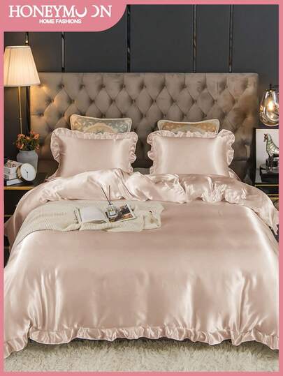 2pcs Set (1 Duvet Cover + 1 Pillowcase) Or 3pcs Set (1 Duvet Cover + 2 Pillowcases) Honeymoon Satin Duvet Cover Set, Made Of Lustrous Satin Fabric, Silky Soft, Machine Washable, Fits T/F/Q/K Size Home And Dorm, Oeko-Tex Certified, Champagne Color