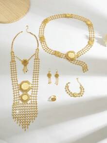 Mgyi Gold-Colored Copper Fashionable And High-End Luxury Retro Jewelry Set For Women,18K Gold Plated Elegant Luxury Square Design Necklace, Earrings, Bracelet, Ring For Women, Suitable For Nigeria, Dubai, Middle East, Saudi Arabia Bridal Wedding, Daily Wear, Wedding Anniversary Gift, Halloween Gift For Friends - XWJT-019 - View 1
