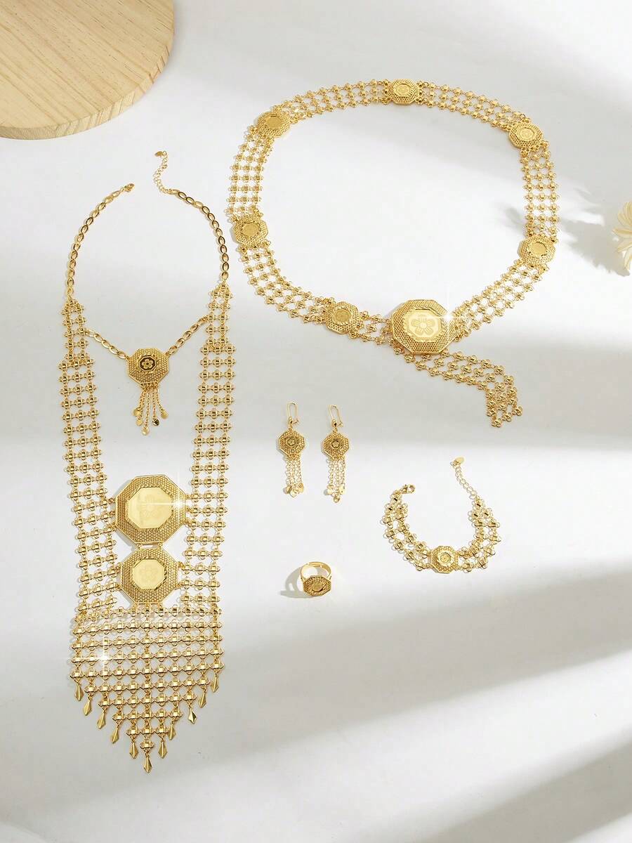 Mgyi Gold-Colored Copper Fashionable And High-End Luxury Retro Jewelry Set For Women,18K Gold Plated Elegant Luxury Square Design Necklace, Earrings, Bracelet, Ring For Women, Suitable For Nigeria, Dubai, Middle East, Saudi Arabia Bridal Wedding, Daily Wear, Wedding Anniversary Gift, Halloween Gift For Friends - XWJT-019 - View 1