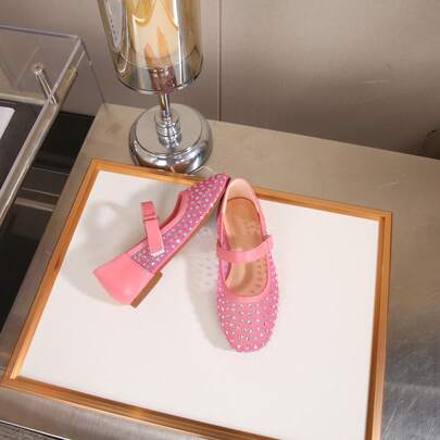 Zapatos planos tipo Mary Jane con decoración de malla y cristales brillantes para mujeres
