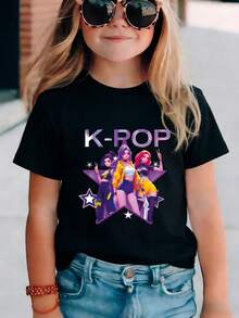 , Cute, And Fashionable Summer T-Shirt For Girls, With Letter Print And K-Kop Anime Girl Pattern Print, Stylish And Versatile Girls' Clothing, Made Of Soft And Comfortable Fabric, Suitable For Sports And Casual Wear. Minimalist Style Sweatshirt - 黑色 - 查看 1