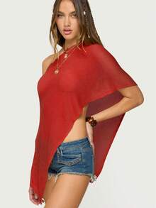 Women Sheer Mesh Poncho Top Crochet Knit Lightweight See Through Shawl Wrap Summer Oversized Loose Shrug Beachwear Swimsuit Bikini Cover Ups - 紅木色 - 查看 4
