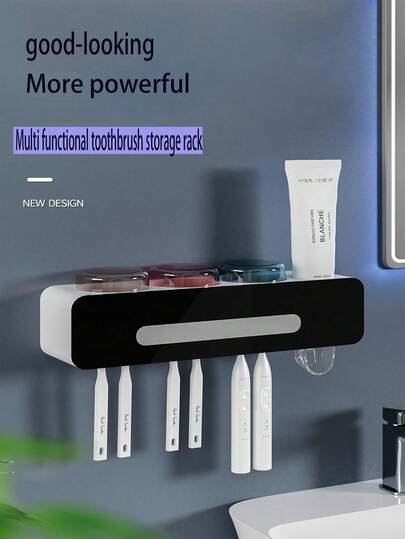 1pc Space-Saving Bathroom Storage Rack - Plastic Wall-Mounted Toothbrush Holder With Cup And Toothpaste Compartment, Dust-Proof, Suitable For Home And Bathroom, Great Choice For Home Organization