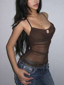 Kliou 女士性感吊带背心，夏季透视网纱褶皱镂空设计中等弹力吊带衫 - 棕色 - 查看 4