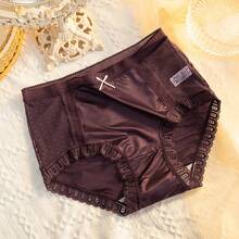 Silk Satin Panties For Women With Pure Cotton Crotch, Japanese Sweet Style, Mid-Waist, Seamless, Breathable, Lace Mesh, Plus Size Triangle Panties - Màu tím nhạt - Xem 7