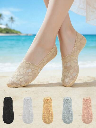 1/5/10 Pairs Of Women's Summer Thin Solid Color Breathable Silicone Anti Slip Heart Lace Shallow Mouth Not Falling Off Boat Socks