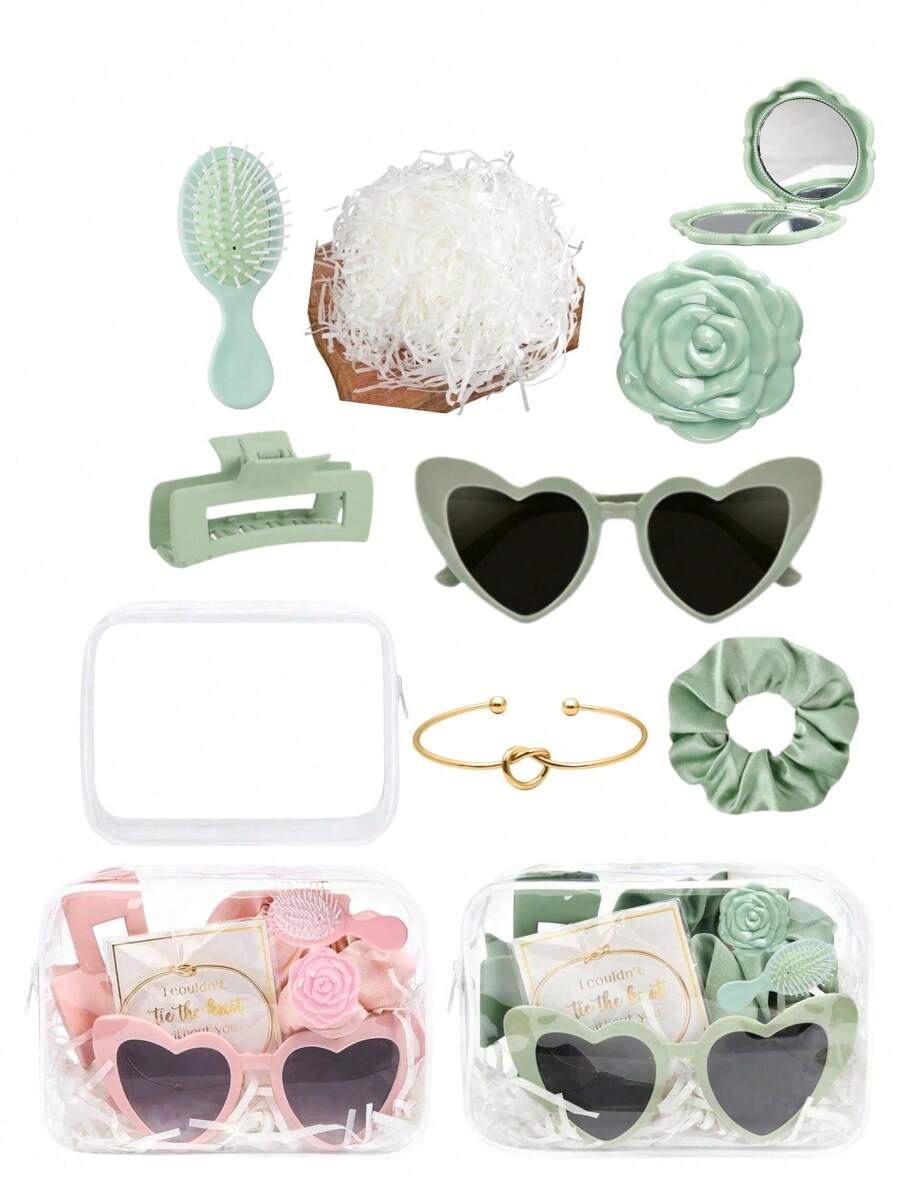 8 件套婚礼伴娘邀请函套装，包含透明化妆清洁袋、发带、手链、发夹、眼罩和时尚眼镜。绿色新郎派对纪念品，适合情人节、母亲节、婚礼和伴娘聚会，情人节礼物。朋友复活节派对（ - A - 查看 1