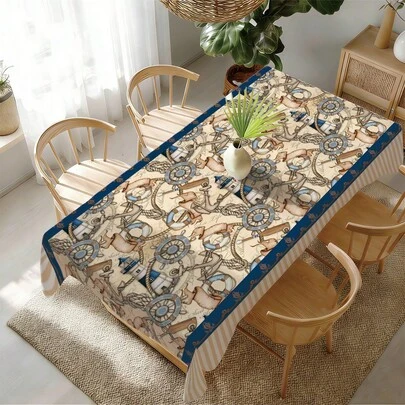 1pc Vintage Lighthouse Printed Tablecloth, Ocean Striped Tablecloth, 55.12*86.61in(140*220cm)/55.12*70.87in(140*180cm)/55.12*55.12in(140*140m)/35.43*55.12in(90*140m), Made Of Polyester Fabric, Waterproof And Stain-Resistant, Suitable For Picnic, Camping, Party, Buffet, Home Decor, Tabletop Decoration, DIY