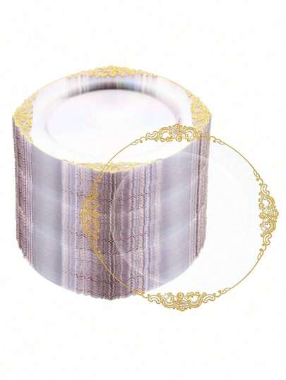 50/25/12pcs European Luxury Transparent Hammered Gold Rim Dinnerware Set, High-End Salad Plates In 10.25" And 7.5" Sizes, Suitable For Cakes, Burgers, Sandwiches, Sushi, Salads, Pasta, Restaurants, Weddings, Outdoor, Easter, Graduation Parties, Brunch, Kitchen Accessories (Full Tableware Set, Plates, Dishes, Kitchen Utensils, Wedding Season, Music Festivals)